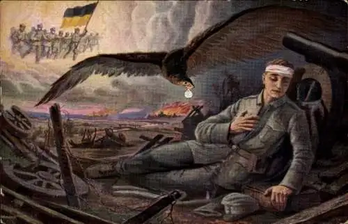 Künstler Ak Verwundeter Soldat, Adler