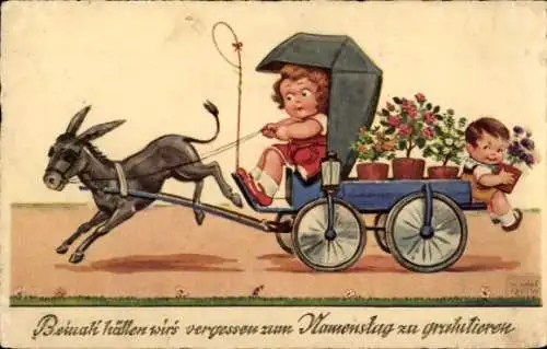 Künstler Ak Wills, John, Namenstag, Kinder auf einer Kutsche, Esel