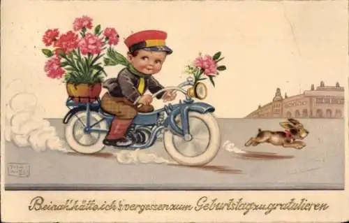 Künstler Ak Wills, John, Geburtstag, Expressbote auf einem Motorrad, Nelken