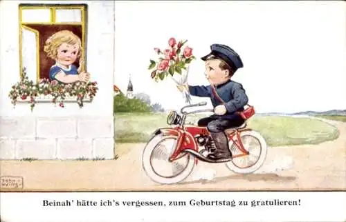 Künstler Ak Wills, John, Postbote auf Motorrad, Blumenstrauß