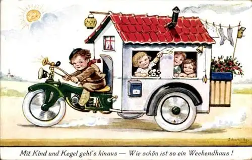 Künstler Ak Kinder in einem Wohnwagen, Motorrad