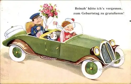 Künstler Ak Wills, John, Bote mit Blumenstrauß, Automobil