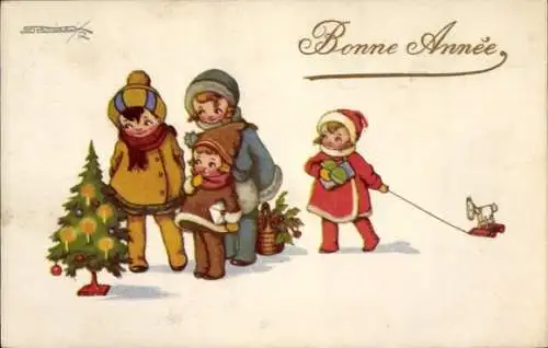 Künstler Ak Neujahr, Kinder, Tannenbaum