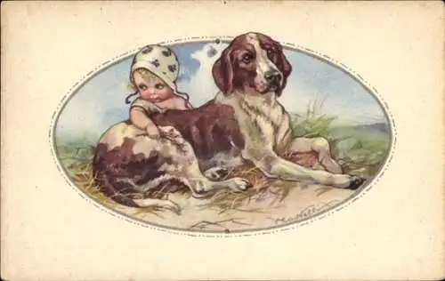 Künstler Passepartout Ak Mädchen mit Hund