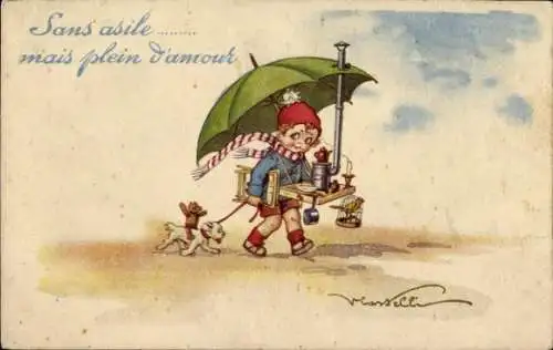 Künstler Ak Casselli, Kind mit Hund, grüner Regenschirm
