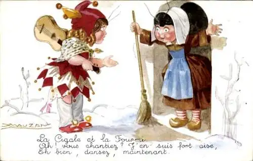 Künstler Ak Mauzan, La Cigale et la Fourmi, Fabel