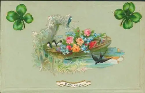 Ak Glückwunsch Neujahr, Glücksklee, Schwalbe, Blumen