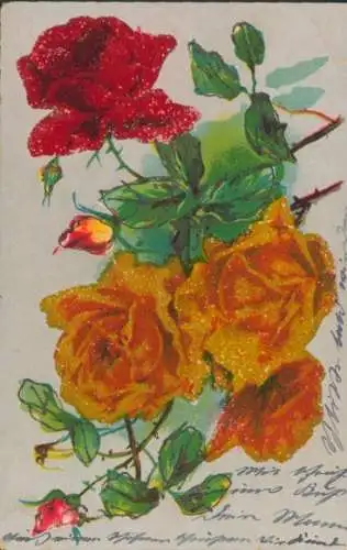 Glitzer Ak Blühende Rosen