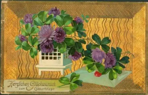 Präge Ak Glückwunsch Geburtstag, Glücksklee, Blumen