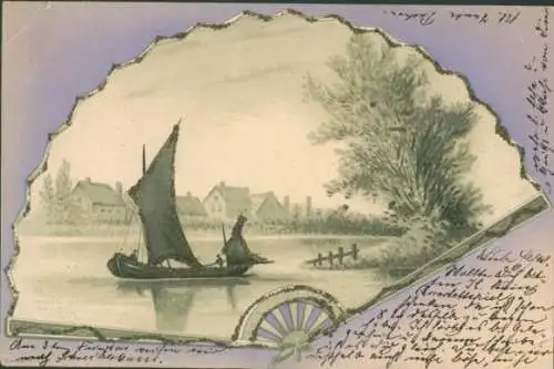 Glitzer Litho Fächer, Segelboot, See