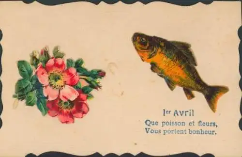 Ak Glückwunsch 1. April, Fisch, Blumen