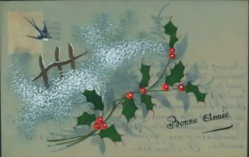 Zelluloid Ak Glückwunsch Neujahr, Stechpalme, Schwalbe