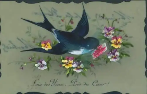 Zelluloid Ak Kitsch, Schwalbe mit Brief im Schnabel