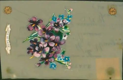 Zelluloid Ak Kitsch, Blumenstrauß, Veilchen