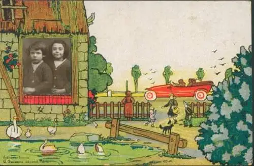 Ak Kinder-Porträt, Haus, Teich, Enten, Kinder