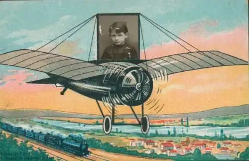 Ak Junge-Porträt, Flugzeug, Eisenbahn, Luftaufnahme