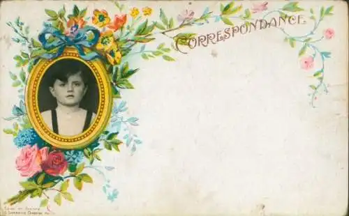 Ak Junge-Porträt, Blumen, Rosen, Vergissmeinnicht