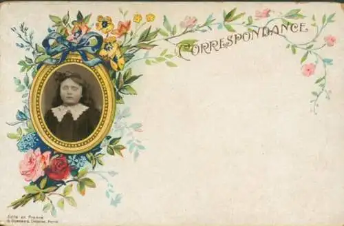 Ak Mädchen-Porträt, Blumen, Rosen, Vergissmeinnicht
