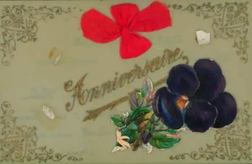 Zelluloid Ak Stoffschleife, Stiefmütterchen, Kitsch