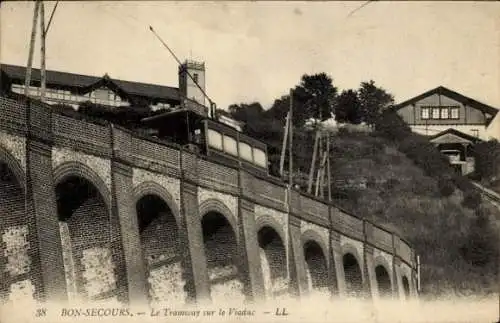 Ak Bonsecours Seine Maritime,  Straßenbahn, Viadukt