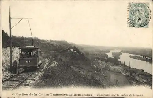 Ak Bonsecours Seine Maritime, Tram N°2, Panorama über die Seine, Tramways von Bonsecours