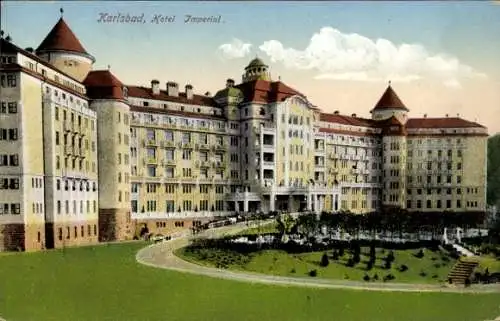 Ak Karlovy Vary Karlsbad Stadt, Hotel Imperial, Gebäudekomplex, Garten, historische Architektur