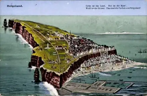 Ak Nordseeinsel Helgoland,  grüne Landflächen, weiße Strände, rote Klippen, farbenfrohe Illust...