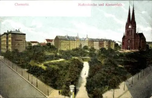 Ak Chemnitz in Sachsen, Blick auf die Markuskirche und Körnerplatz