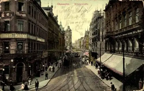 Ak Chemnitz Sachsen, Königstraße, Einkaufsstraße mit Straßenbahnschienen, Kohle, Uhren