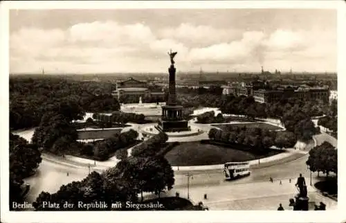 Ak Berlin Tiergarten, Siegessäule, Platz der Republik, historische Ansicht, Bus auf der Straße