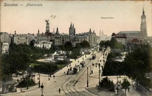 Ak Dresden Altstadt Friedrichstadt,  Albertplatz, Hauptstraße, Stadtszene, historische Gebäude