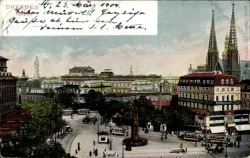 Ak Dresden Altstadt Friedrichstadt, Stadtansicht, historische Gebäude, Straßenbahnen, farbige ...