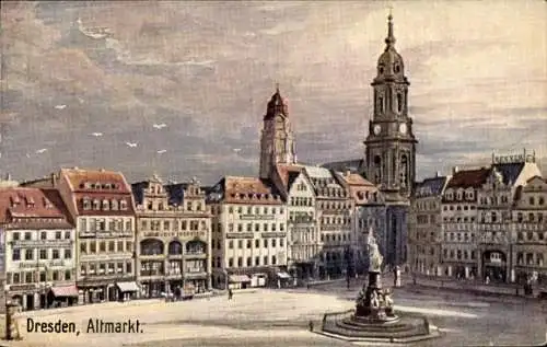 Künstler Ak Dresden in Sachsen, Altmarkt mit Denkmal und Kirche