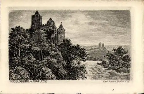 Ak Bad Kösen Naumburg an der Saale, Rudelsburg, Burgansicht, landschaftliche Umgebung, Radieru...