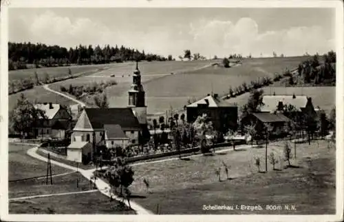 Ak Schellerhau Altenberg im Erzgebirge, Dorfansicht, Kirche, Häuser, Landschaft, Wald