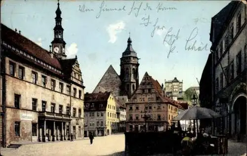Ak Pirna an der Elbe, Historische Stadtansicht, Rathaus, Türme, Straßenszene
