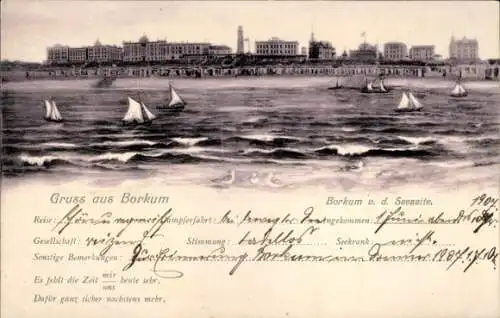 Ak Nordseebad Borkum in Ostfriesland, Borkum Seeseite, Küstenansicht, Boote auf dem Wasser
