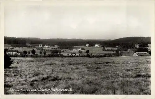 Ak Rautenkranz im Vogtland, Landschaft mit Häusern, Weidefläche, Wald im Hintergrund, Wolken