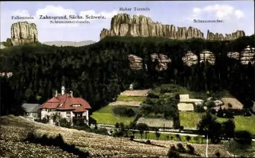 Ak Ostrau Bad Schandau in Sachsen, Schrammsteinbaude, Zahnsgrund, Schrammsteine, Falkenstein