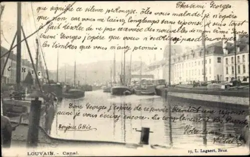 Ak Louvain Leuven Flämisch Brabant,  Kanal, Boote, Brücke, Schwarz-Weiß-Foto, Alter Stil