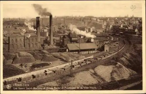 Ak Charleroi Wallonien Hennegau, Les fosses Sacre Madame et Ste Barbe et panorama de la ville haute