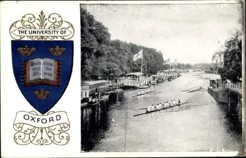 Ak Oxford Oxfordshire England, The University of  Wappen, Flussansicht mit Booten