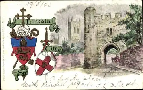 Ak Lincoln Lincolnshire England, Pottergate  Stadtwappen, historische Gebäude