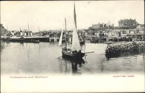 Ak Folkestone South East, Harbour, Hafen, Fischerboot