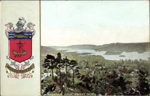 Ak Windermere Cumbria England, Aussicht auf Windermere vom Orrest Head, Wappen von Windermere