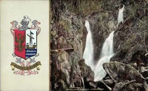 Ak Ambleside Lake District Cumbria England, Wasserfall Stock Ghyll Force, Wappen von Ambleside