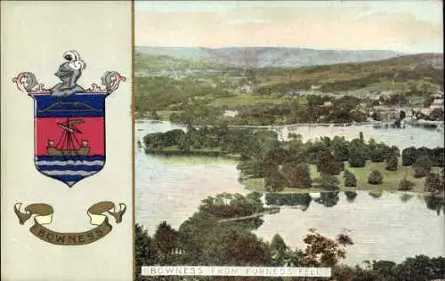Ak Bowness on Windermere Cumbria England, Postkarte mit Landschaftsaufnahme von  Wappen und Se...