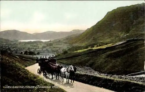 Ak Grasmere Lake District Cumbria, Red Bank, Pferdewagen, Landschaft, Hügel, Seen, Dorf, Ausblick