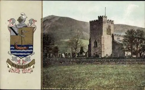 Ak Keswick Cumbria England, Crossthwaite Church, Wappen von  Landschaft, historische Architektur