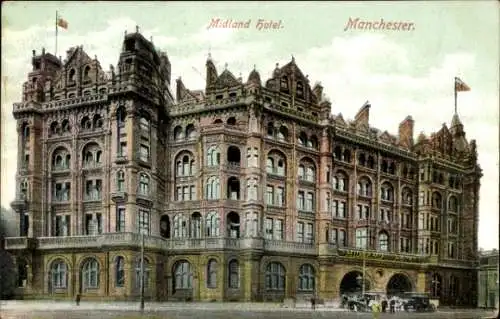 Ak Manchester England, Midland Hotel,  historische Architektur, Straßenansicht